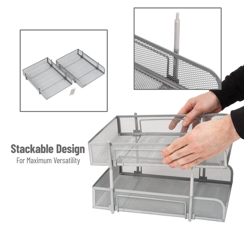 Mind Reader Stackable Paper Tray, Desktop Organizer, File Storage, Office, Metal Mesh, 2 Pc, Silver - Image 4